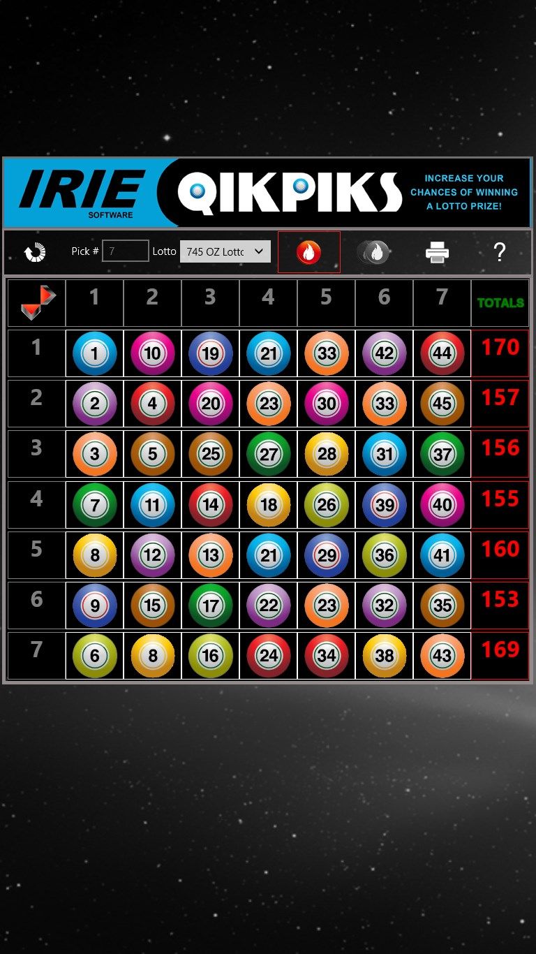 Screenshot of the Lotto 745 OZ game showing hot totals
