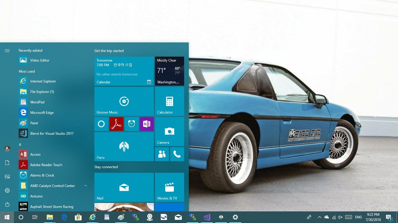 Fiero App pinned to the start menu. The app takes on the Windows user theme color and fits well within the Windows 10 UI.