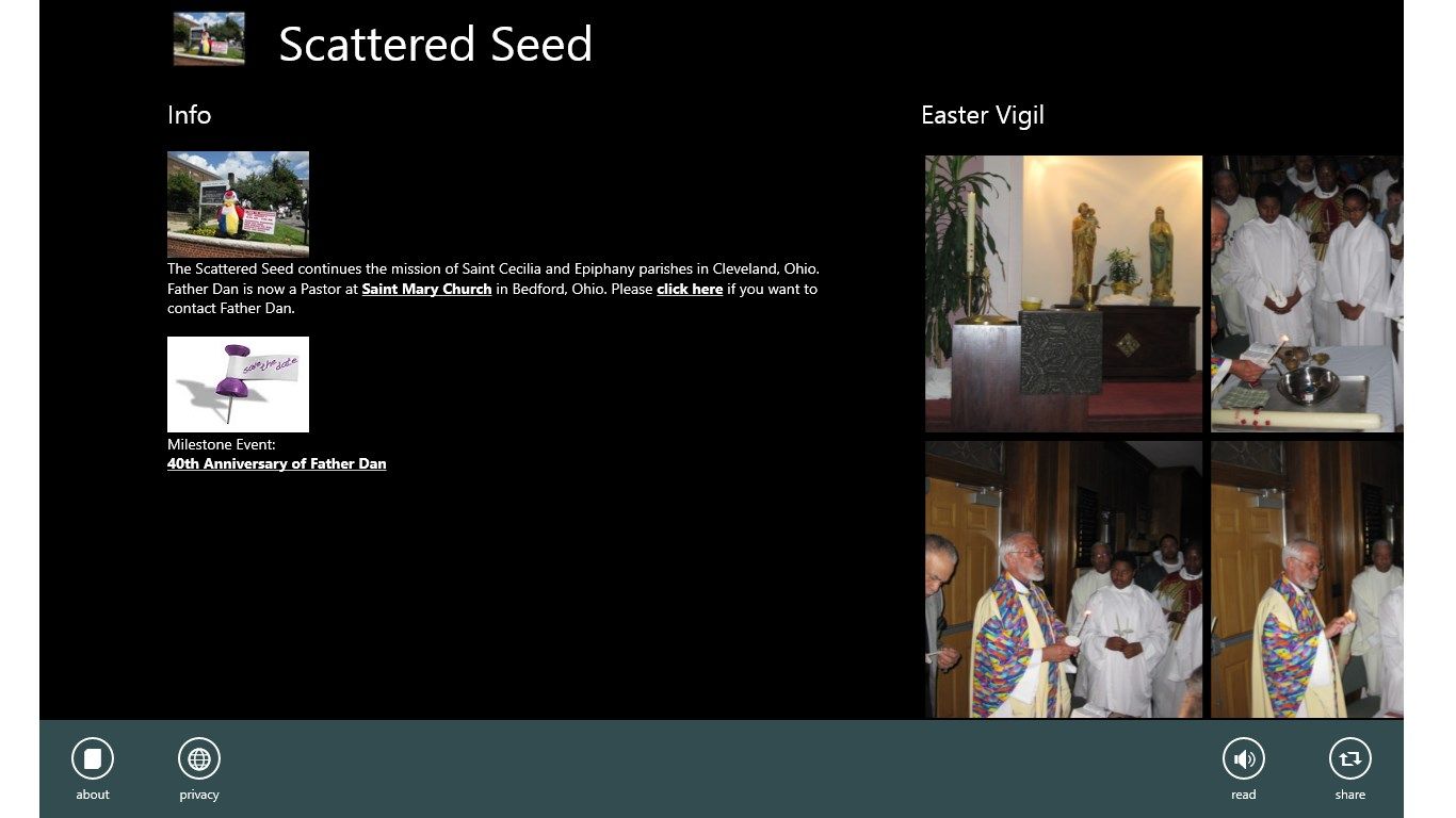 The Scattered Seed continues the mission of Saint Cecilia and Epiphany parishes in Cleveland, Ohio. Father Dan is now a Pastor at Saint Mary Church in Bedford, Ohio.