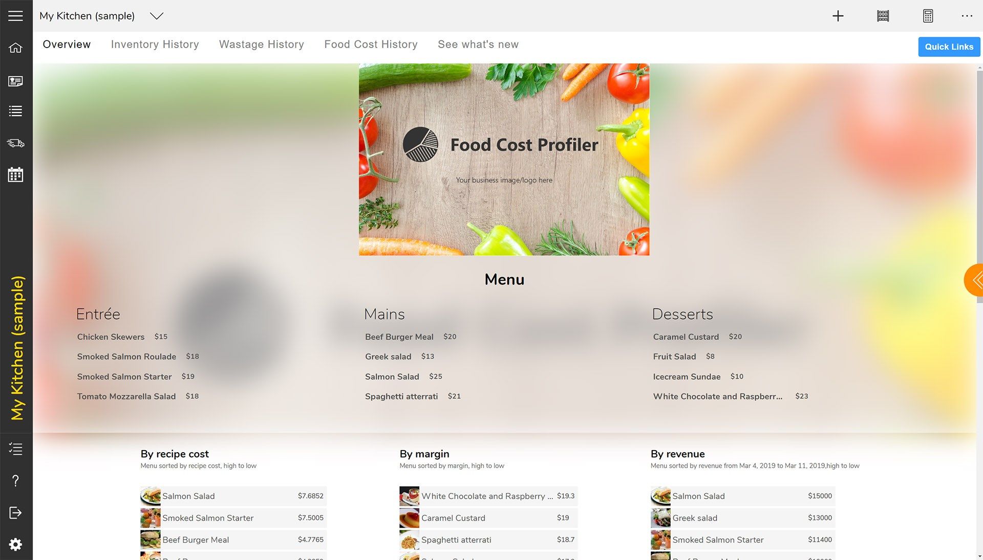Dash page with menu and recipes sorted by cost, margin and revenue