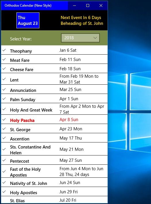 Christian Orthodox Calendar (New Style)