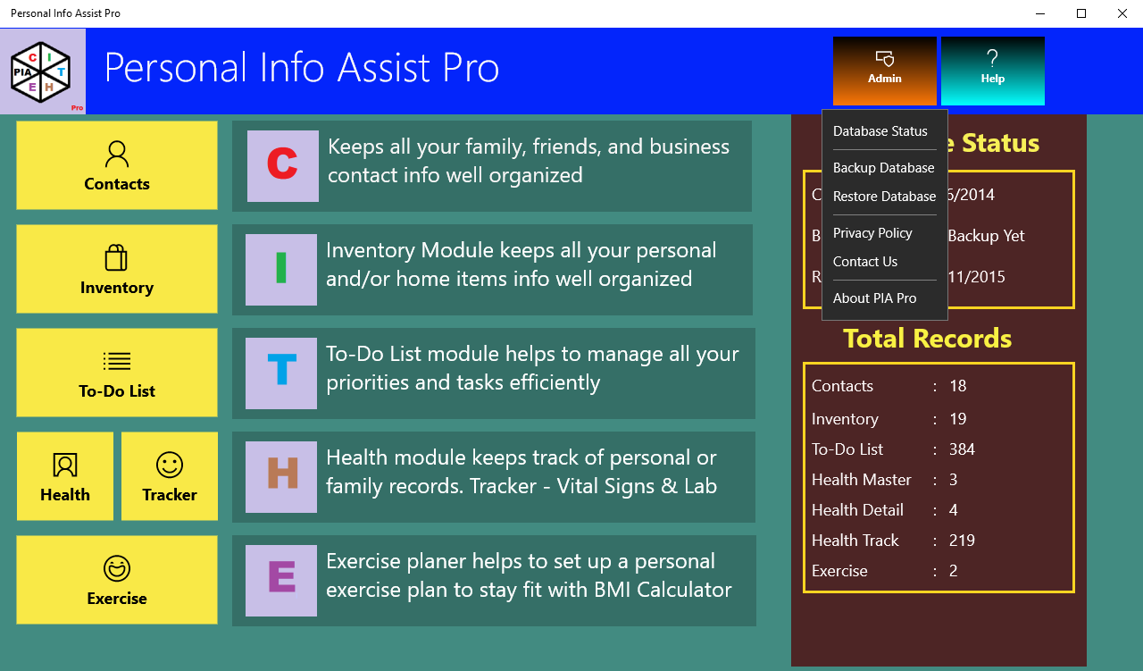 Personal Info Assist Pro - Main Menu Screen