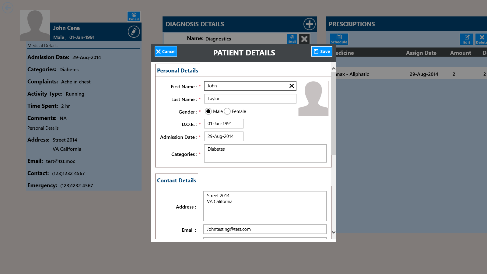 Form for adding Patient details.