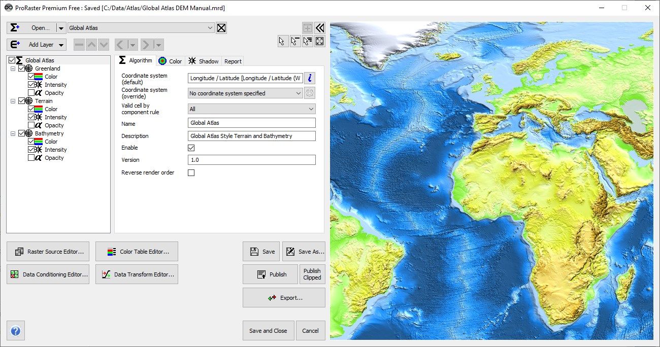 Multi-layered algorithm combining terrain and bathymetry in an atlas-style rendering