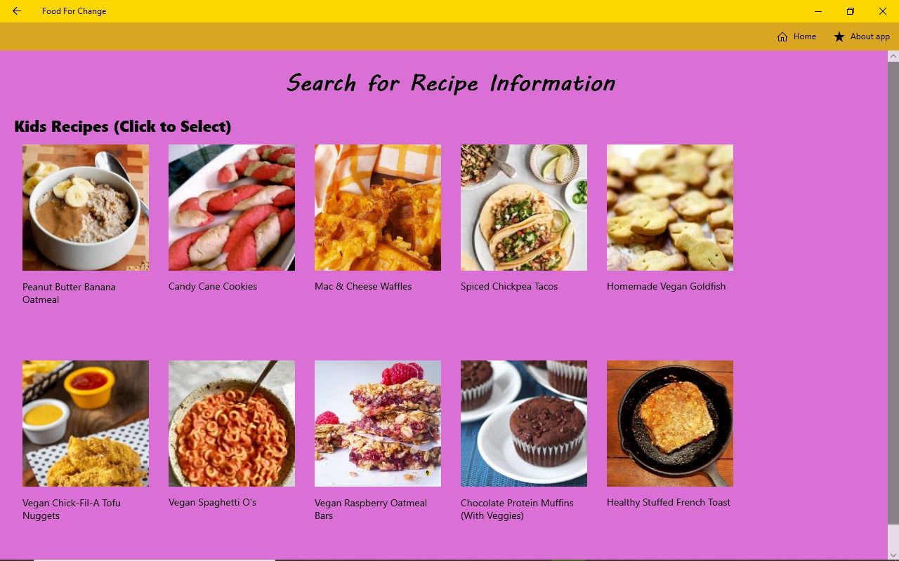 Over 5 dozen recipes for vegan/vegetarian meals with color images and full instructions. Search by meal type, genre, or other options.