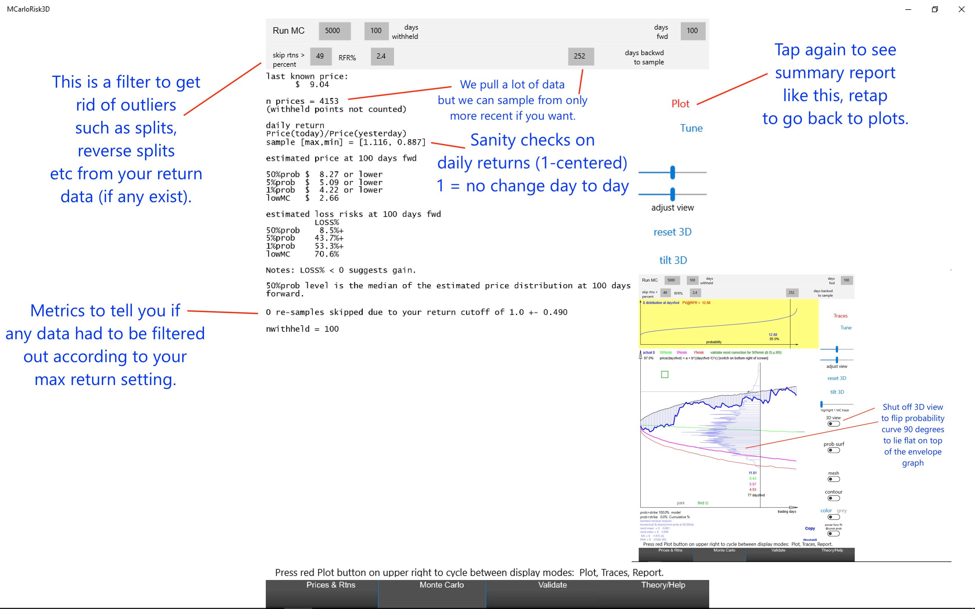 These screen shots show a summary report of a bulk backtest, and the ability to flip (price, probability) curve flat onto the (time, price) plane if 3D views make you dizzy.
