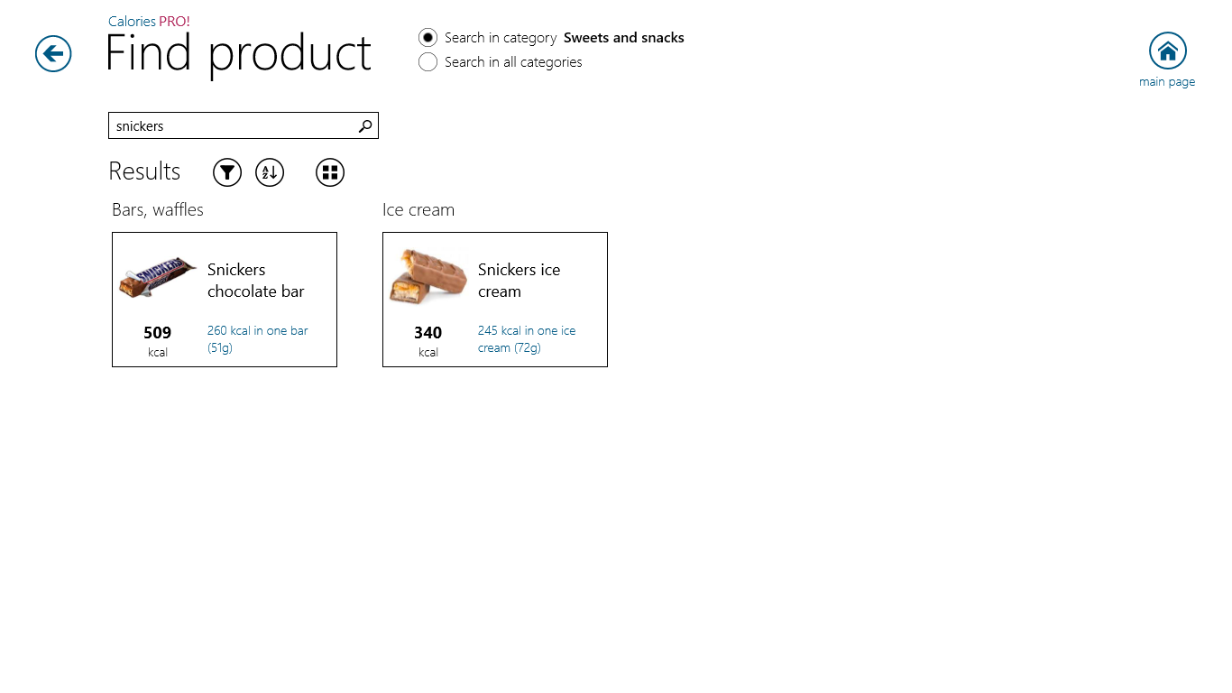 You can search the Food Calories Charts and then split found products by category.