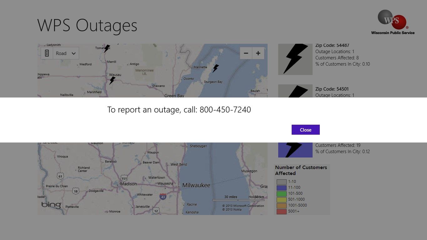 Report a power outage by calling 800-450-7240