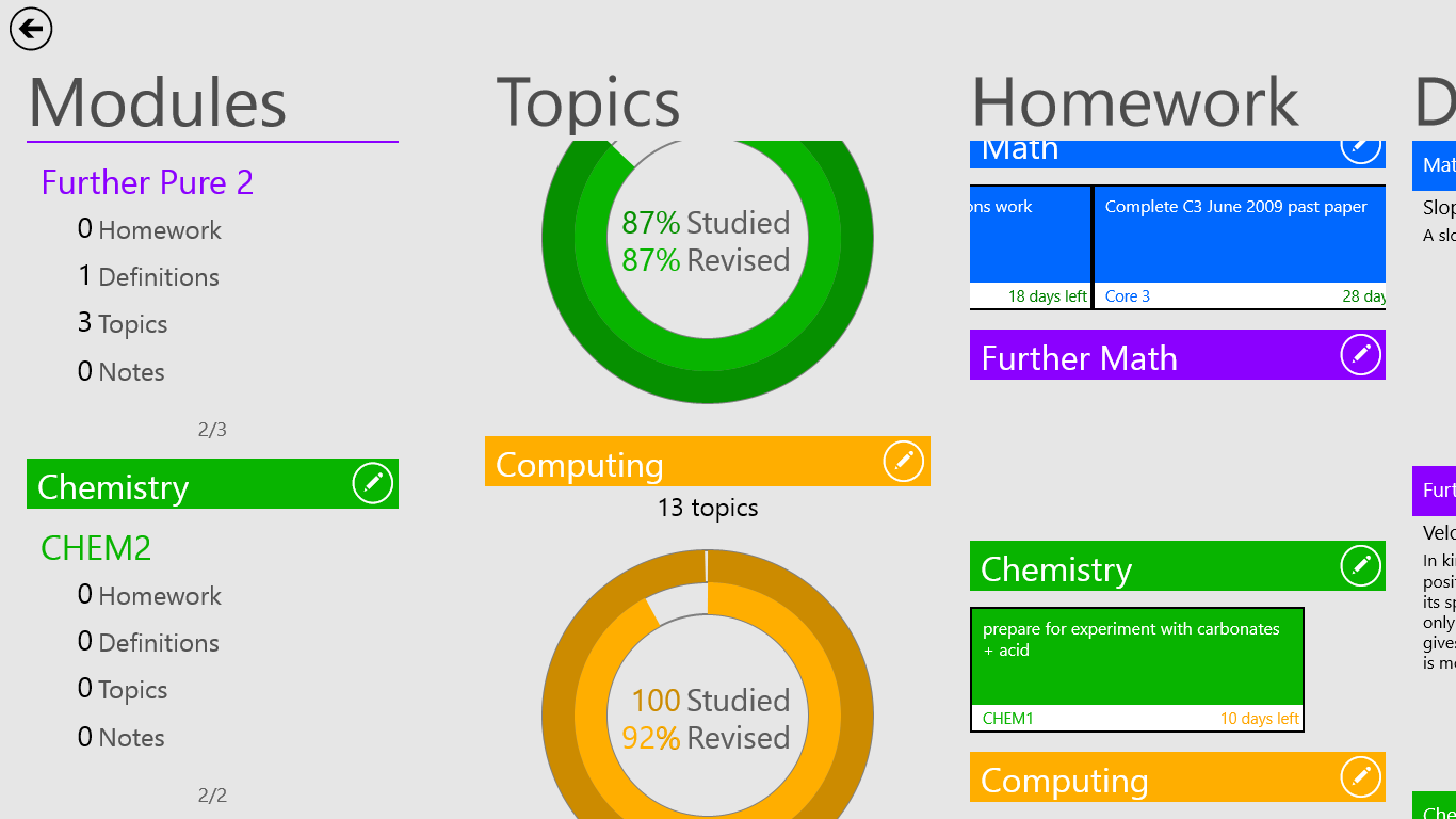 You can scroll to reveal more homework/topics/modules etc