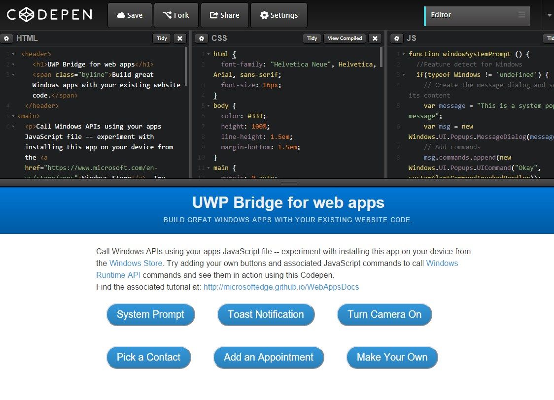Access Windows 10 features using your own code in CodePen
