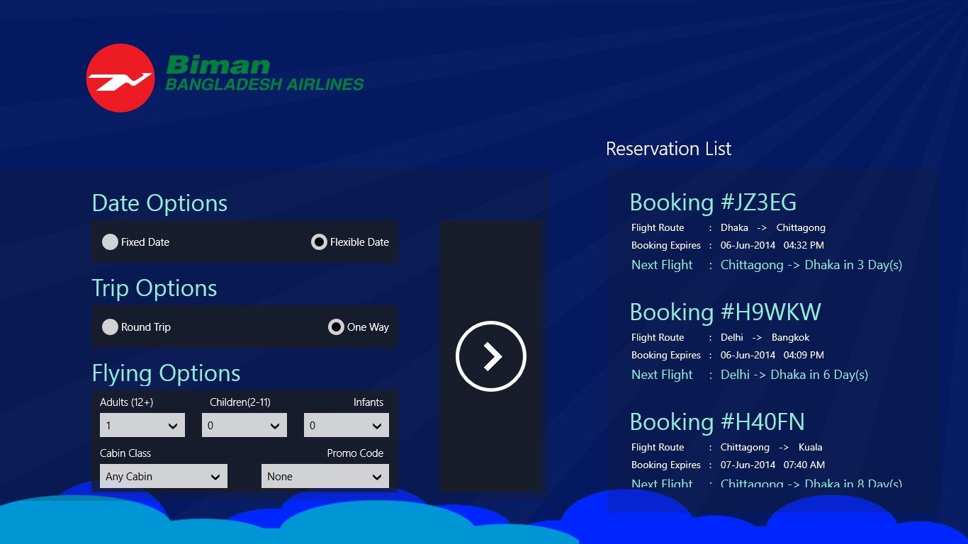 Different options for searching for flights. Also list of previously reserved or searched bookings with the next flight route and date for each booking.
