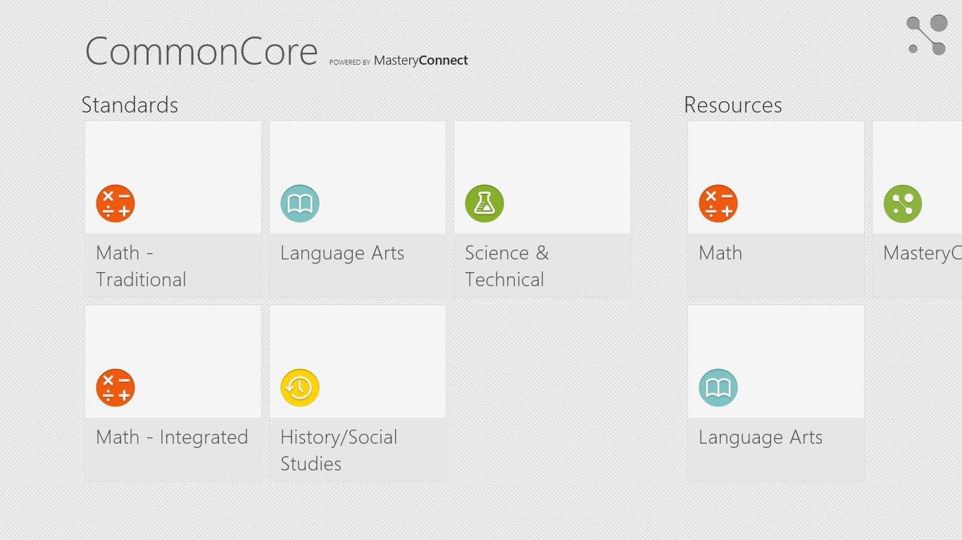 The homepage of the Common Core Standards app showing subjects.