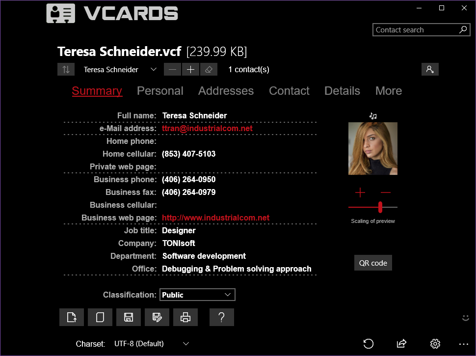 vCards overview (Dark theme)