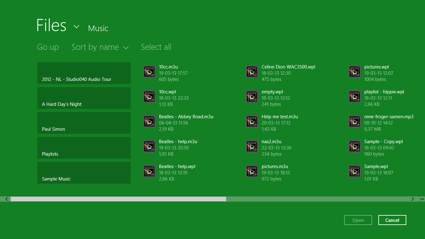 The Windows File Open dialog showing a directory of playlist files that can be opened with the app to add all items in the playlist file to the app’s playlist.