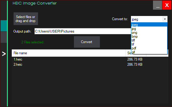 Convert HEIC or HEIF image files to jpg, jpeg, bmp, png, tiff, tif, pdf and gif.