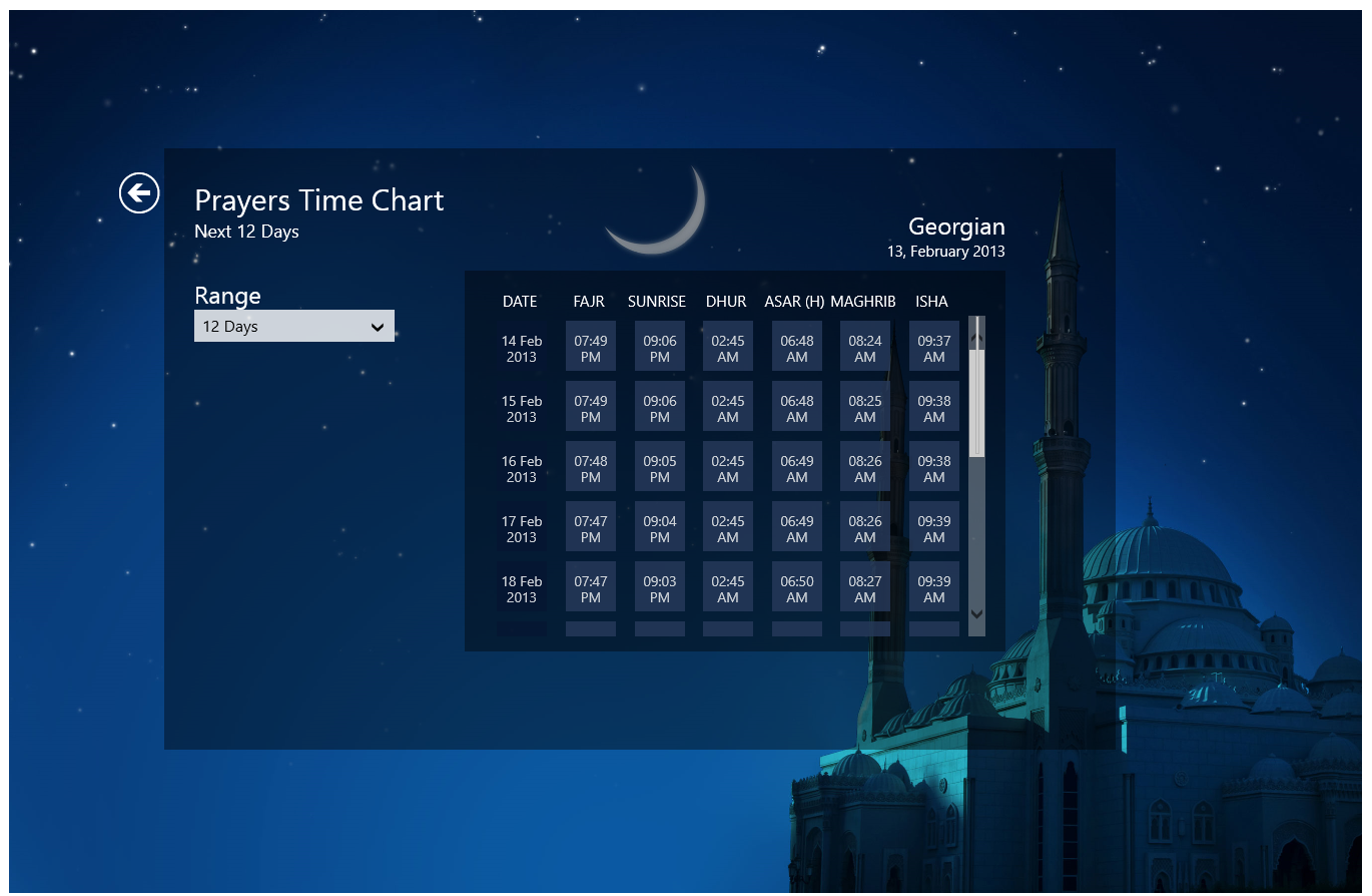 This screen can deliver you Prayer Times Chart from 5 - 30 days