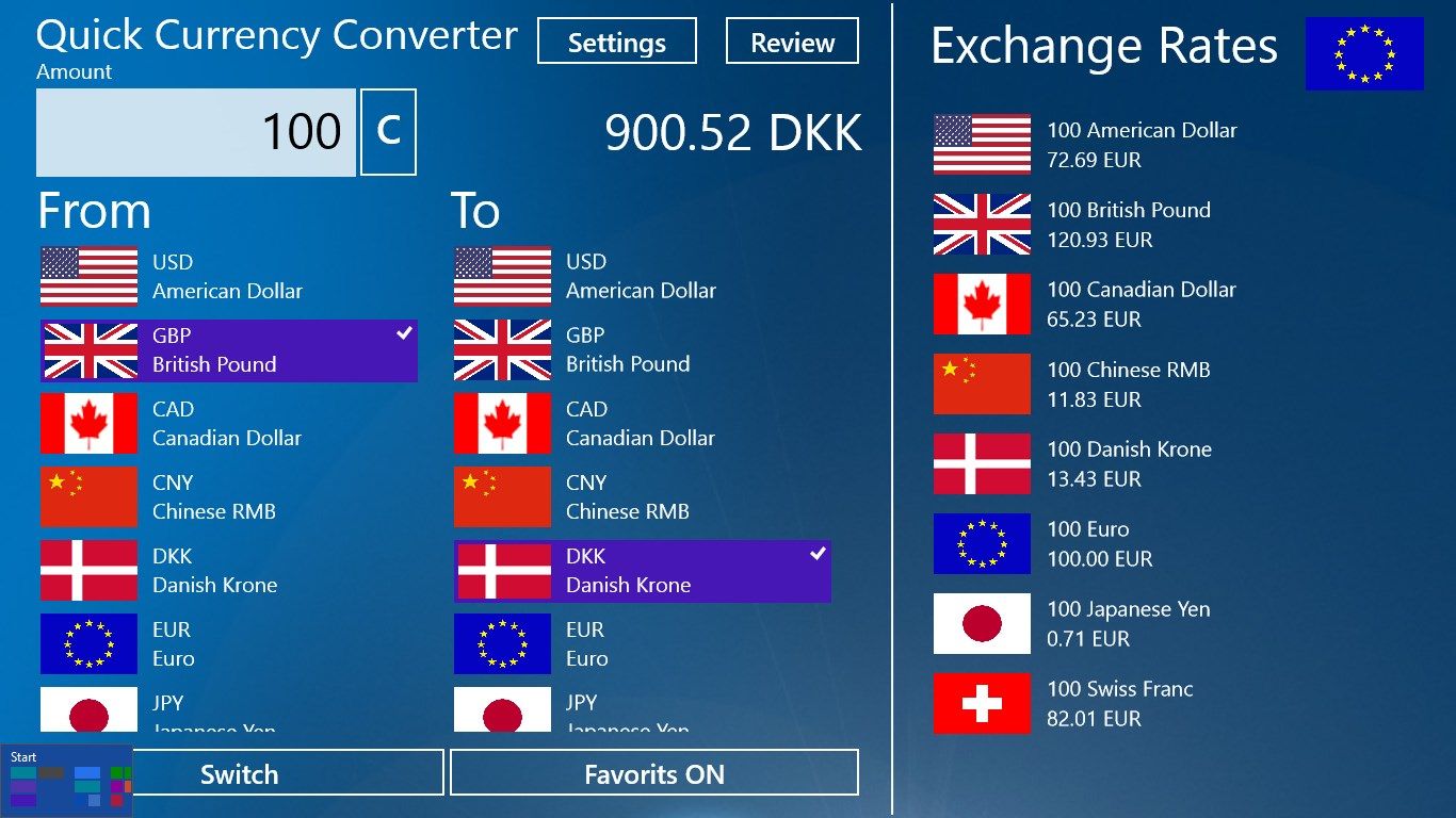 Quick Currency Converter support 85 Currency. With built in exchange rate overview.  Remember what currency you last used. Make your own favorites list.