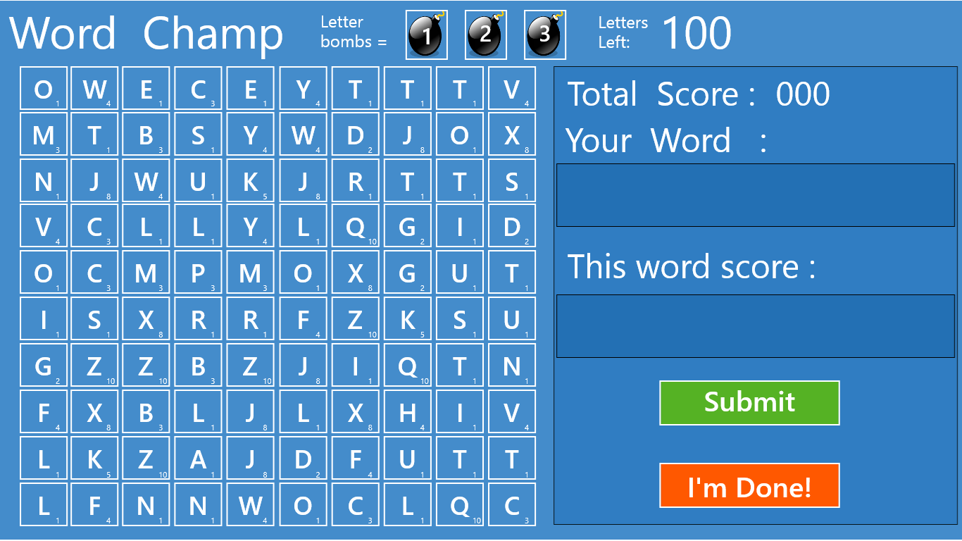 Use the 100 letters to create words.