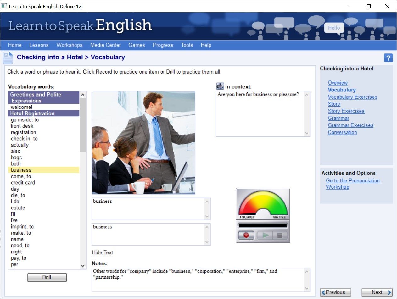 Learn words and expressions in the Vocabulary screen.