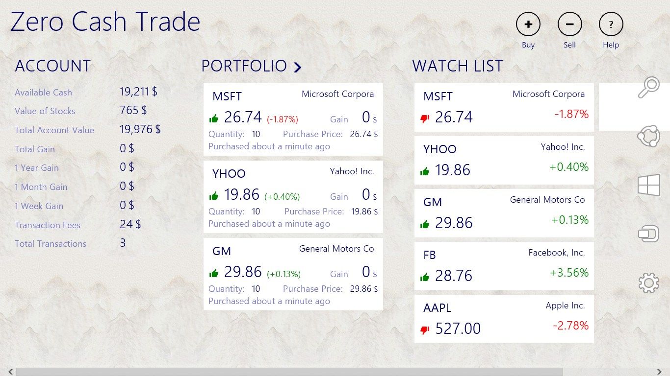 Start screen, shows the portfolio highlights and watch list of stocks.