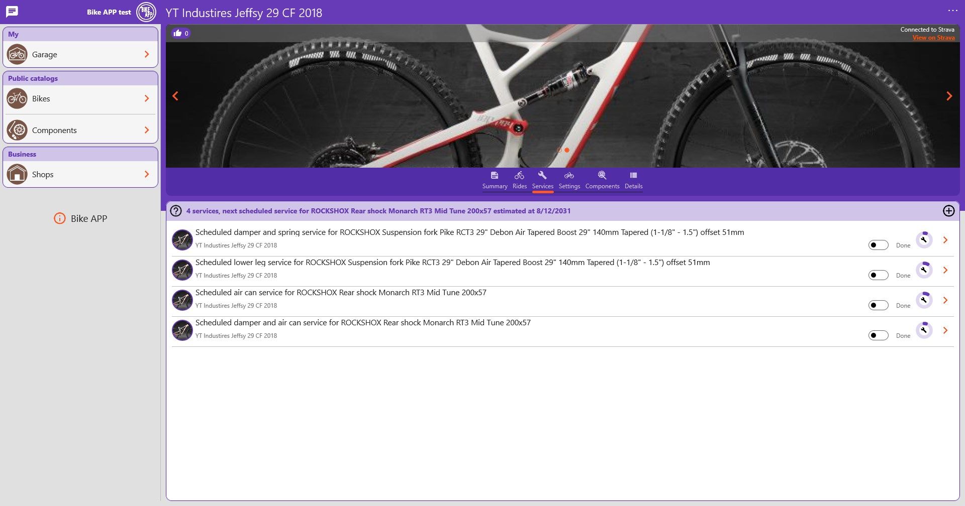 This is your digital bike garage and it's available everywhere with any device you have.

My garage shows an overview of your most important bike garage items like bikes, next services, rides and latest settings. You can also see your component inventory of items not attached to any bike, like spare chains.