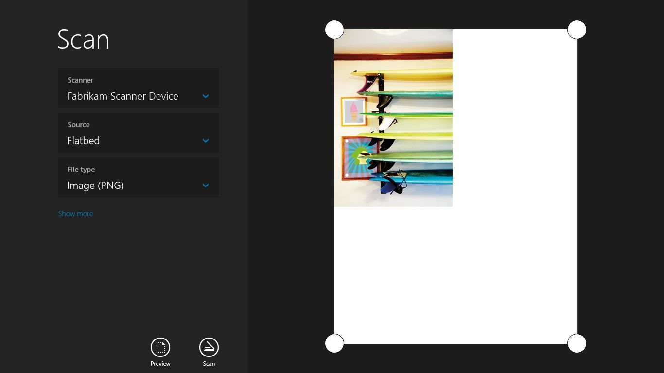 Using a flatbed scanner, preview the image and select the area you want to scan.