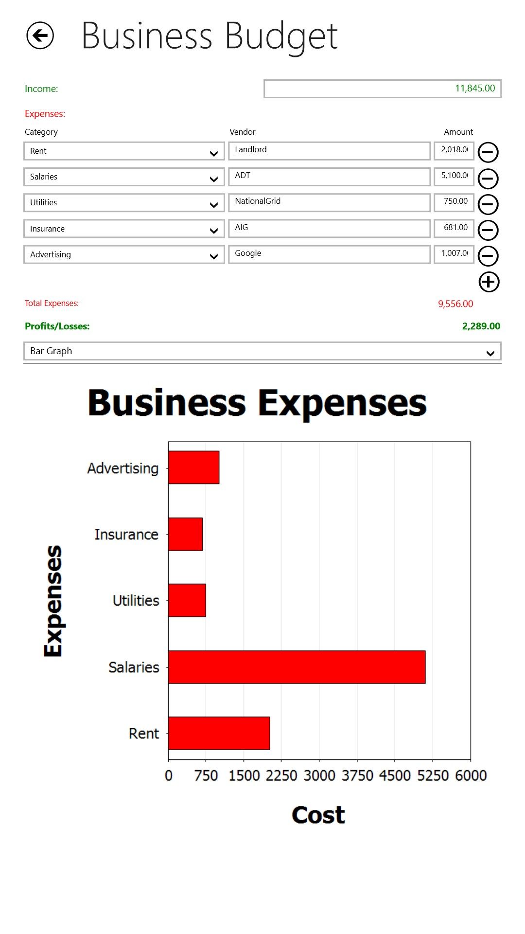 Example mobile solution that shows a business budget