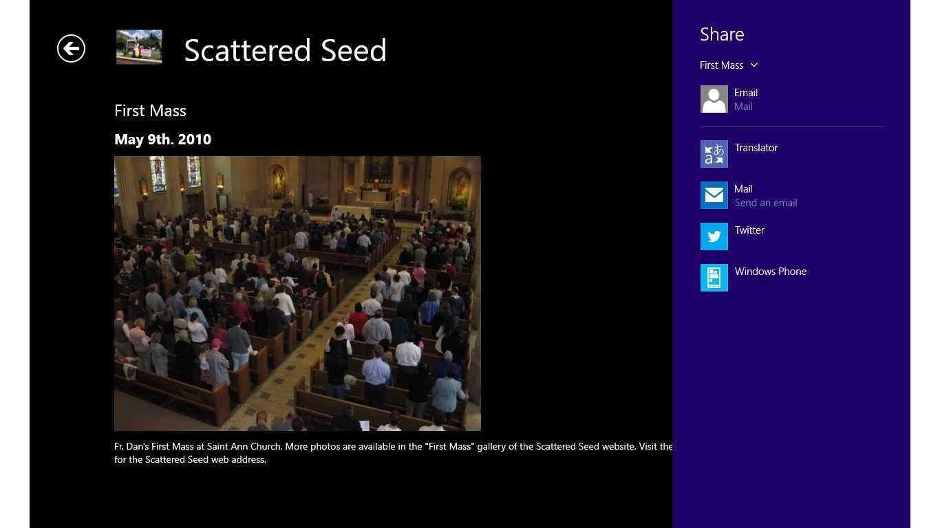 The photos in the Easter Vigil, Closing Mass, and First Mass sections can be shared through Email,  Twitter, and other Share Features commonly available in Windows 8.1