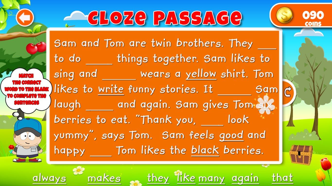 Cloze passage exercise - earn more coins!