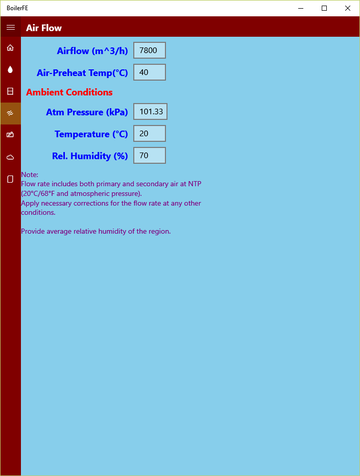 User input for ambient air and boiler inlet conditions for both primary and secondary air flows.