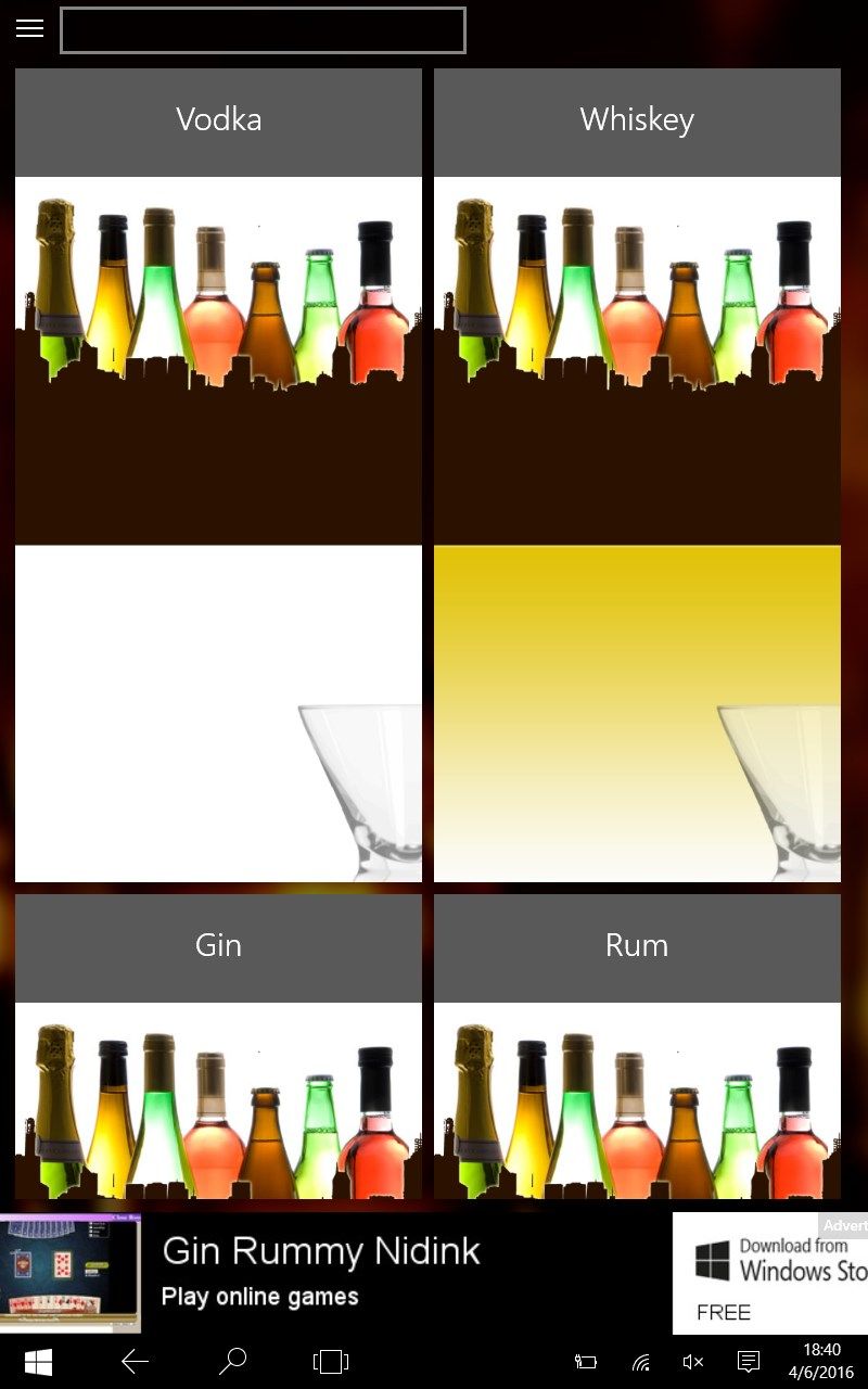 CocktailPedia Homescreen shows categories of cocktails and search box