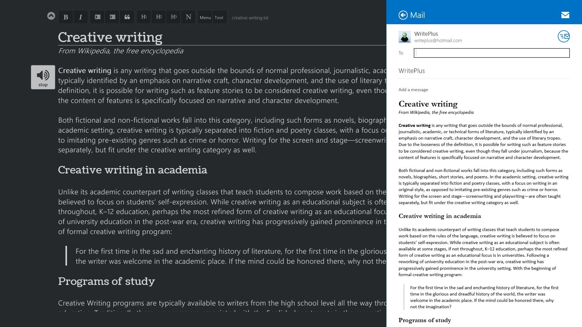 Share, dark theme and read text out (premium)