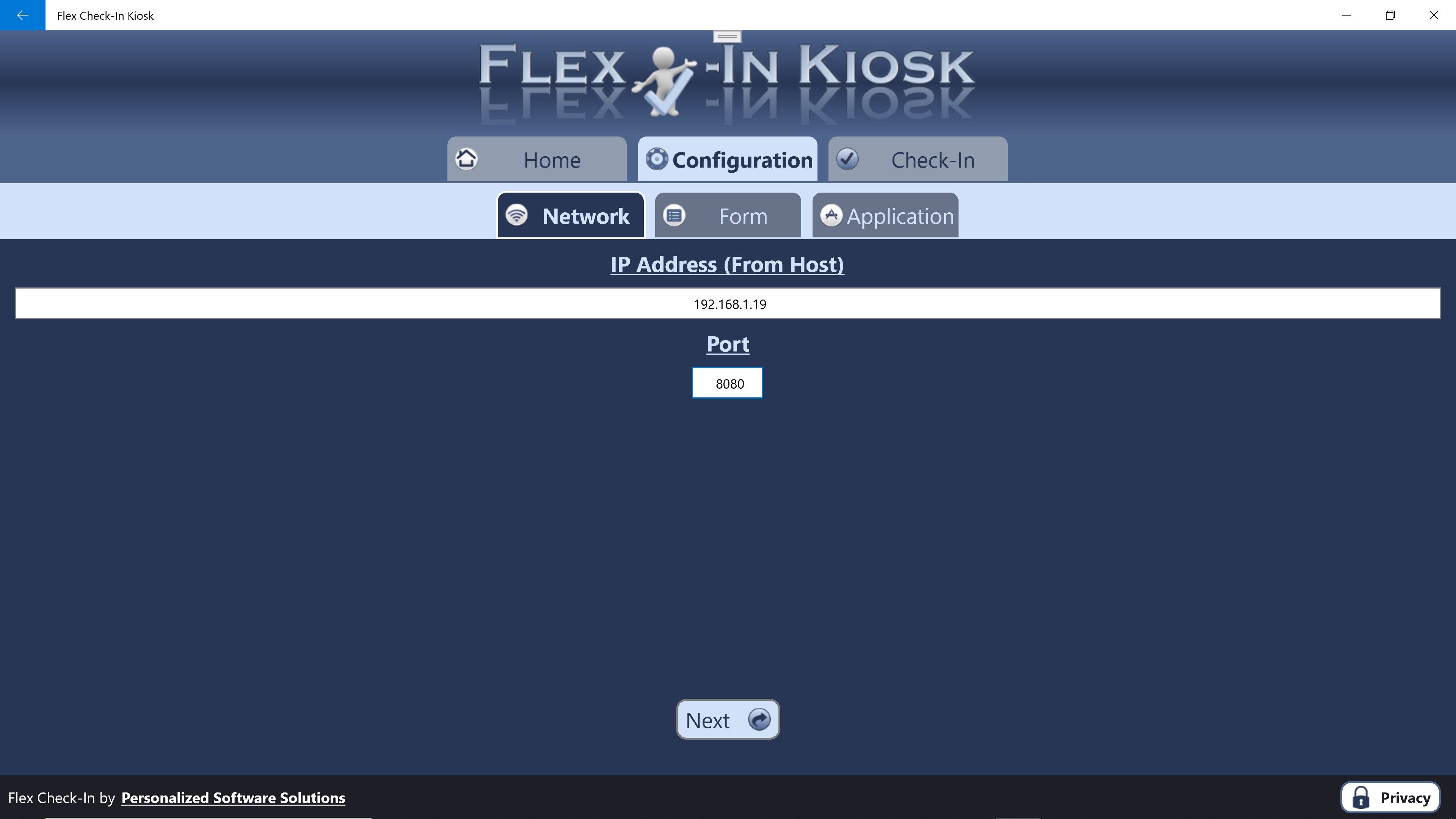 Enter the IP address and port as found on the Flex Check-In Host application.