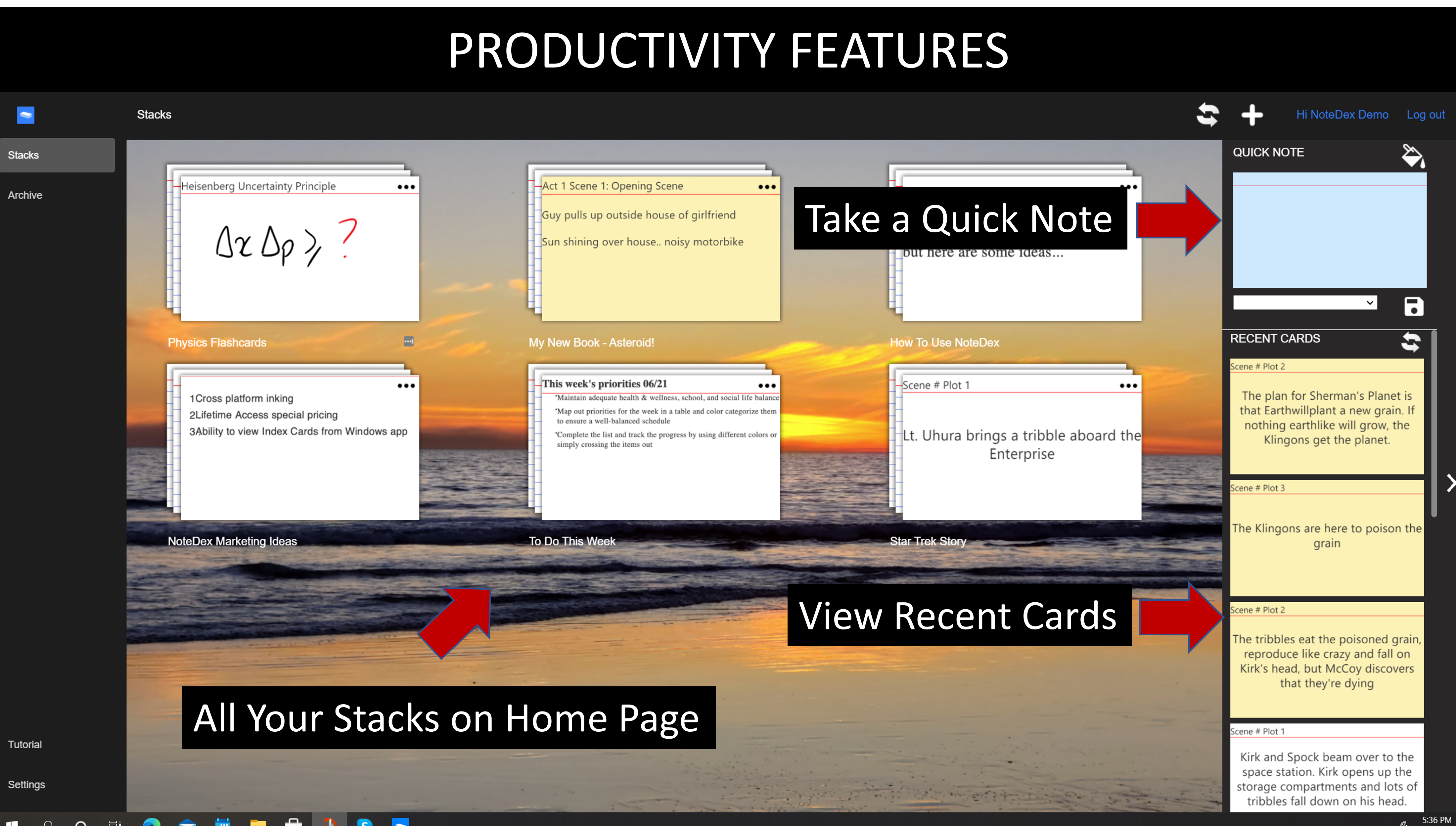 Advanced productivity sidebar feature for the professional note taker - take a quick note or rapidly find recent or favorite cards