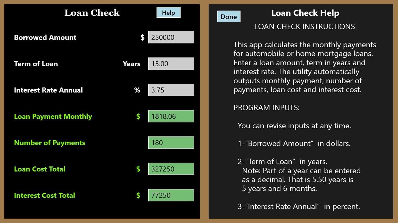 Loan Check Main and part of Help Page.