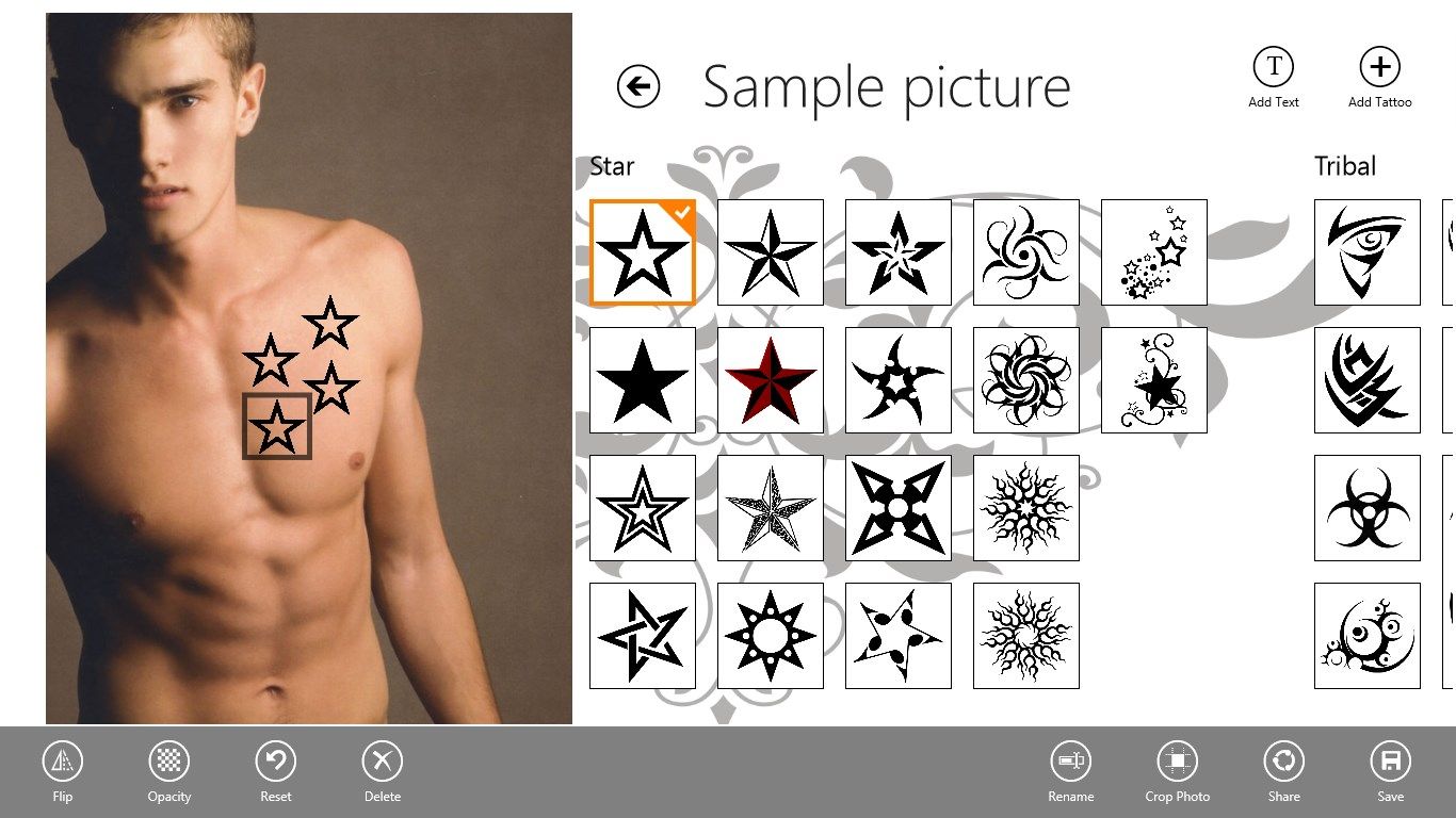 Add multiple tattoos on you picture. Use the Add Tattoo button from the AppBar.