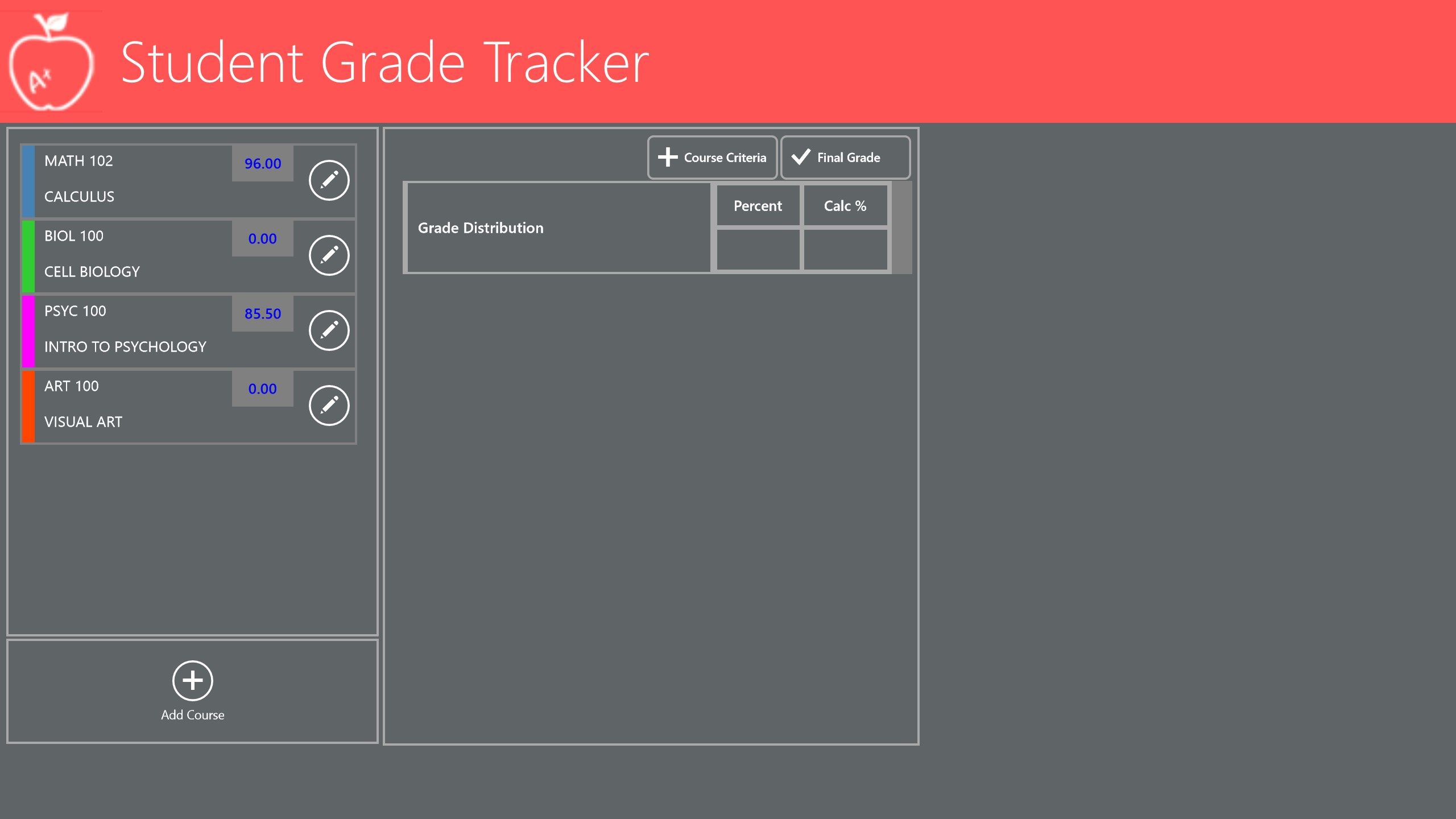 Student Grade Tracker list of courses to track grades
