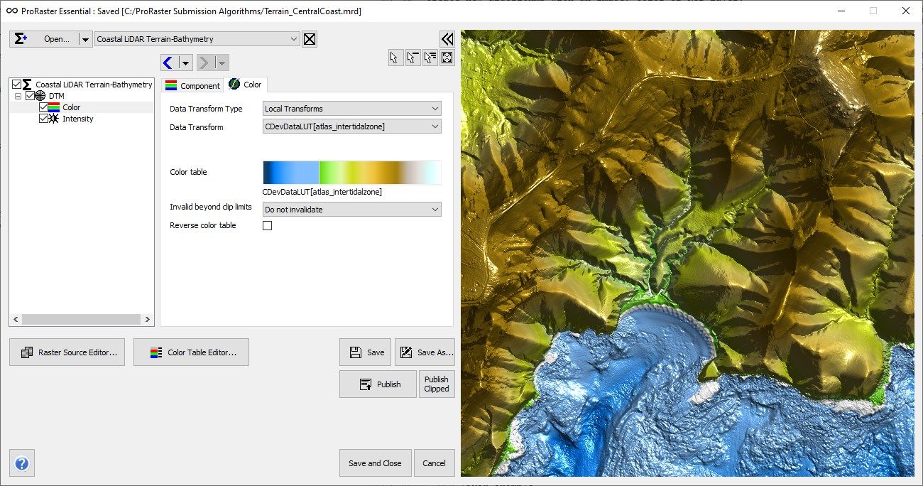 Display hill-shaded terrain and bathymetry data using fixed color-data transforms and color tables