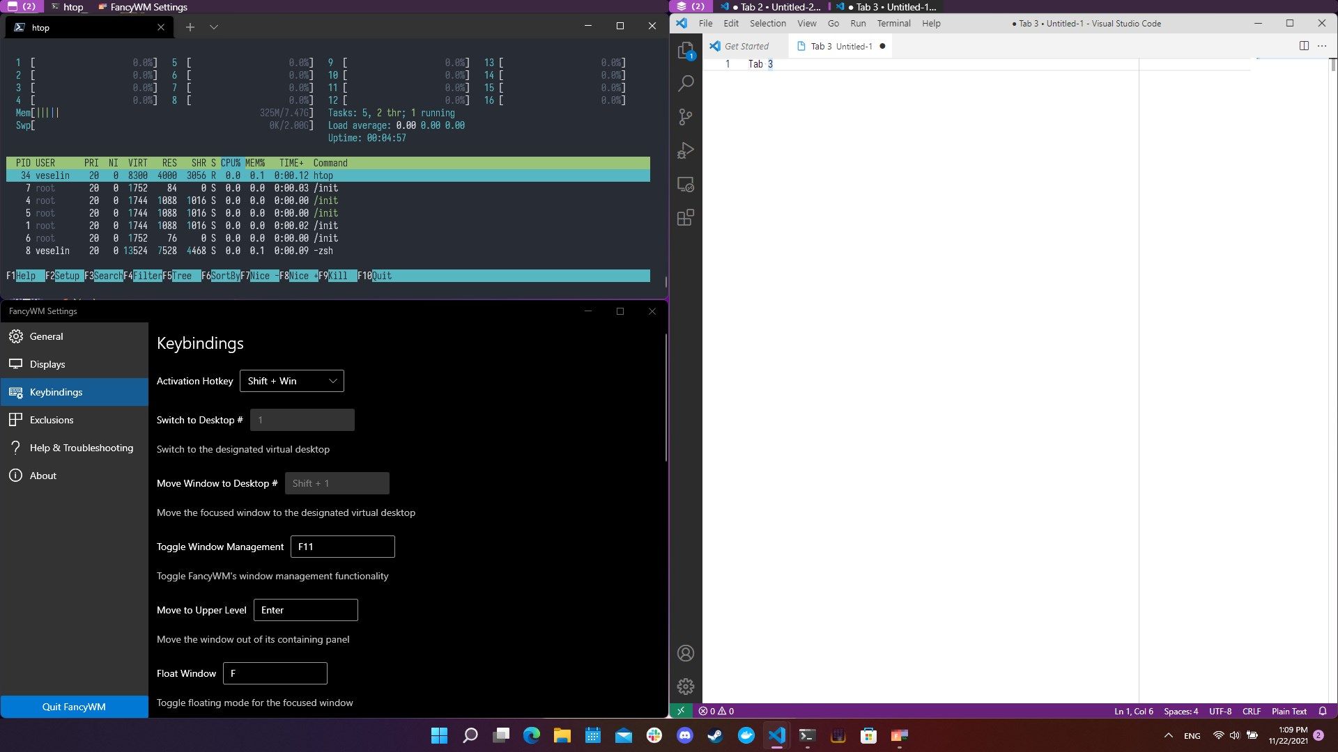 Dark theme, Vertical panel on the left, Stack panel with 3 VS Code windows on the right