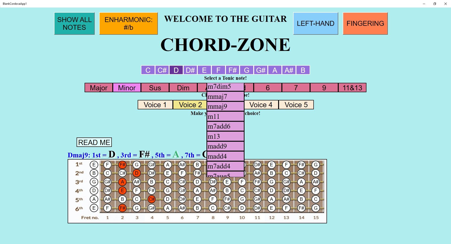 This screenshot shows one of the scrollable dropdown menus used to select the chord type. There are 48 unique chord types offered, and many of them are found under multiple categories.