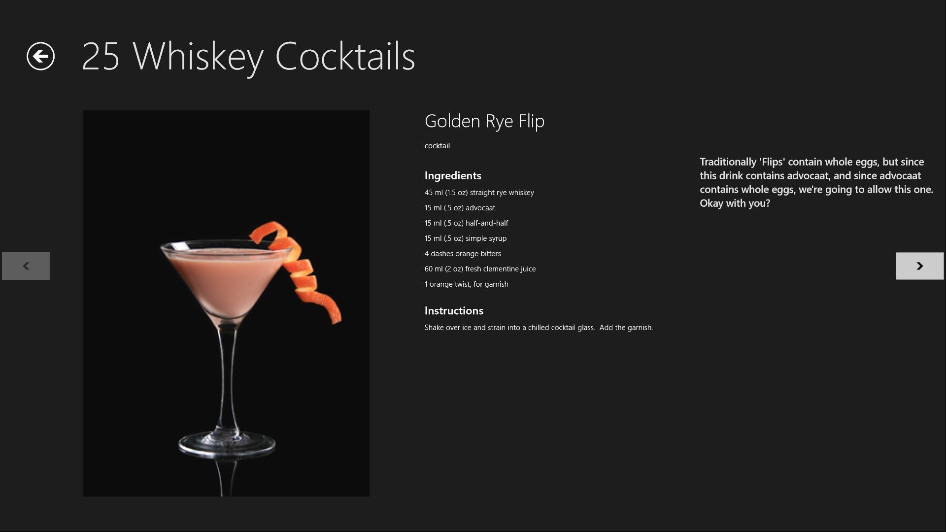 For each cocktail, view the large image, ingredients and directions