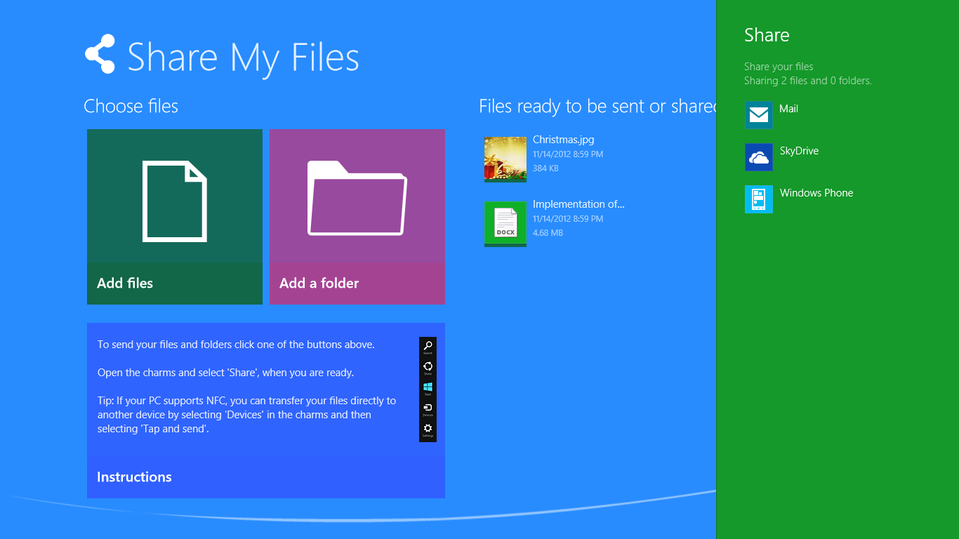 Upload the selected files to SkyDrive, Mail or any other supported app.
