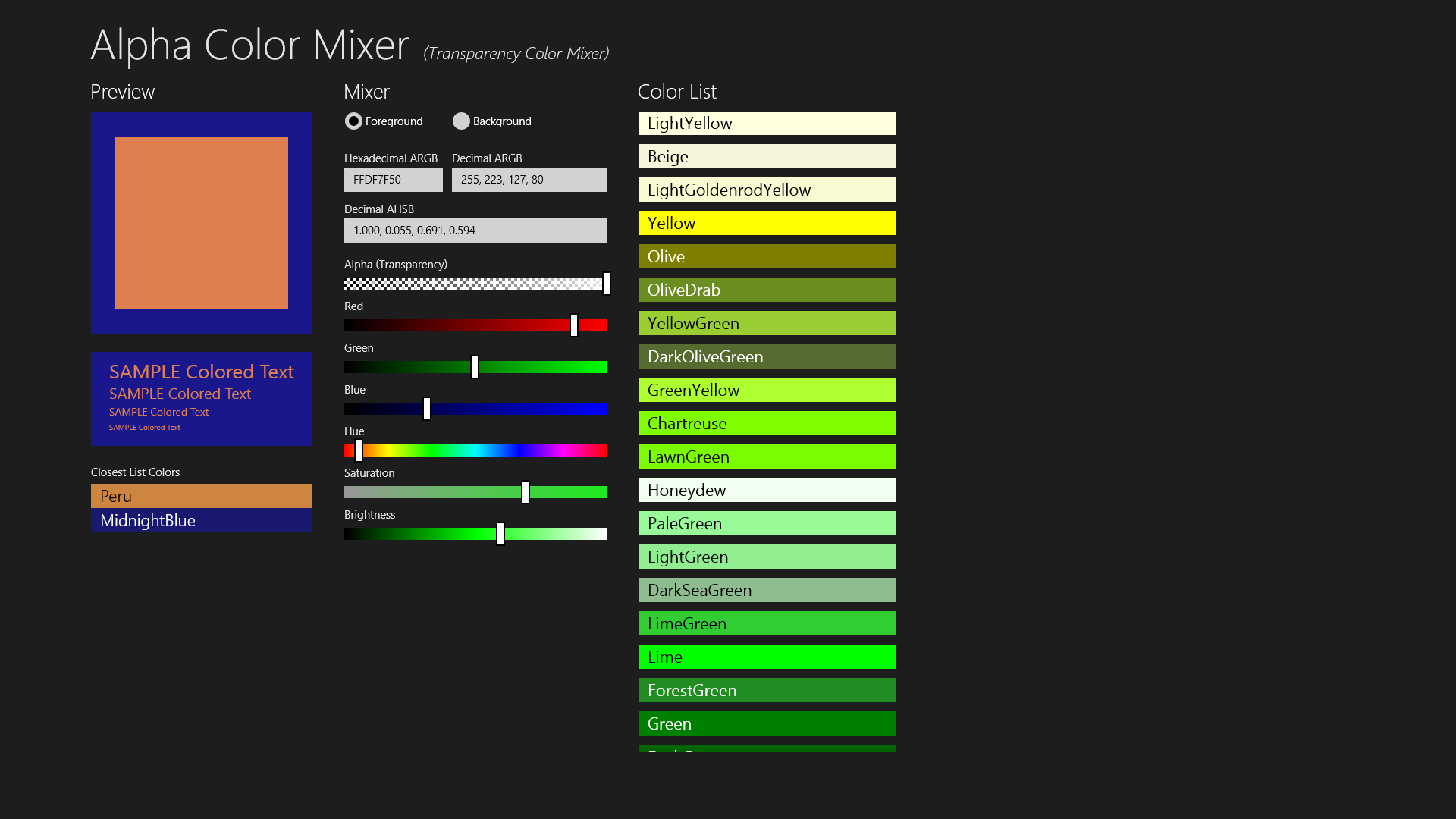 Alpha Color Mixer showing colors that are quite heinous.