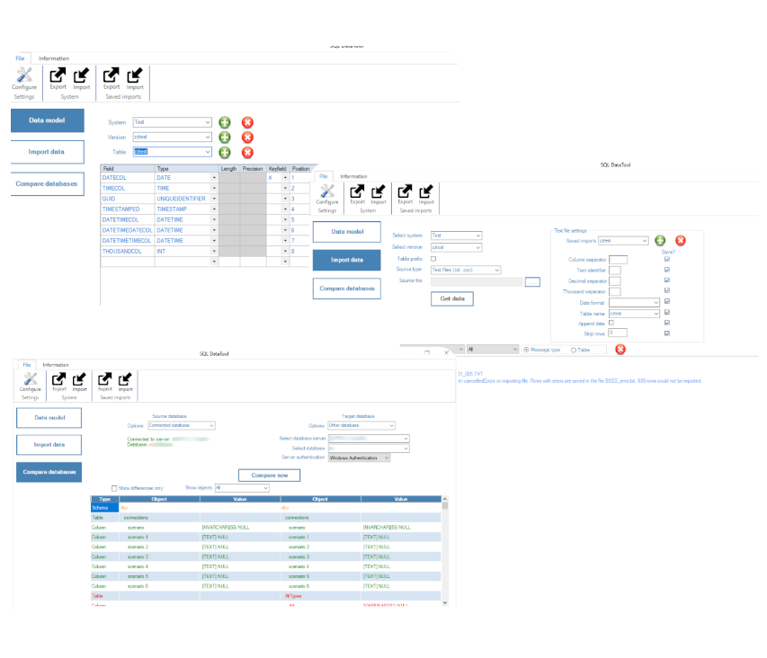 Multiple functionalities are available in SQL DataTool: database comparison, import of large datafiles without errors to databases