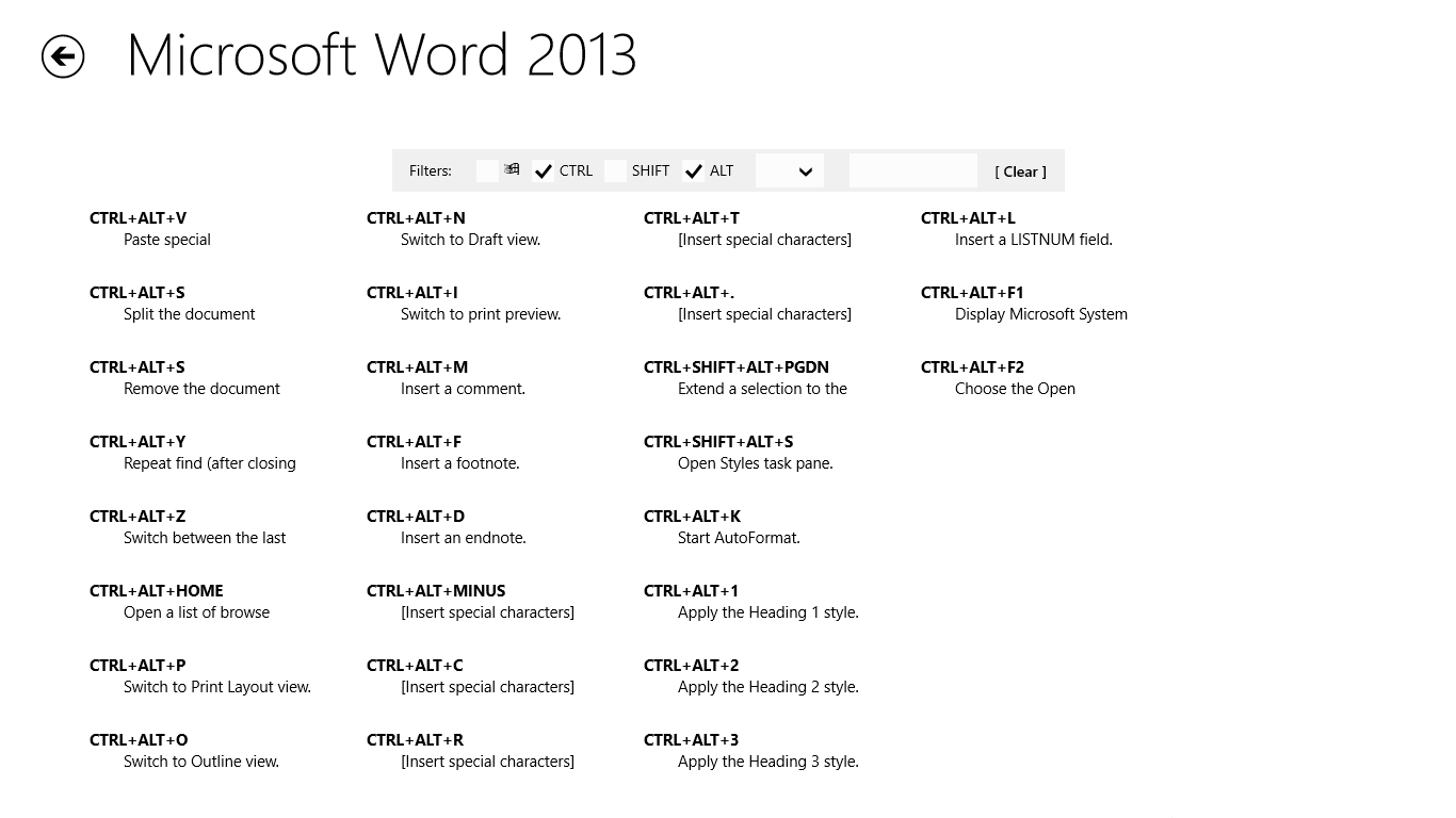 Shortcut keys for Microsoft Word 2013, filtered by "CTRL+ALT".