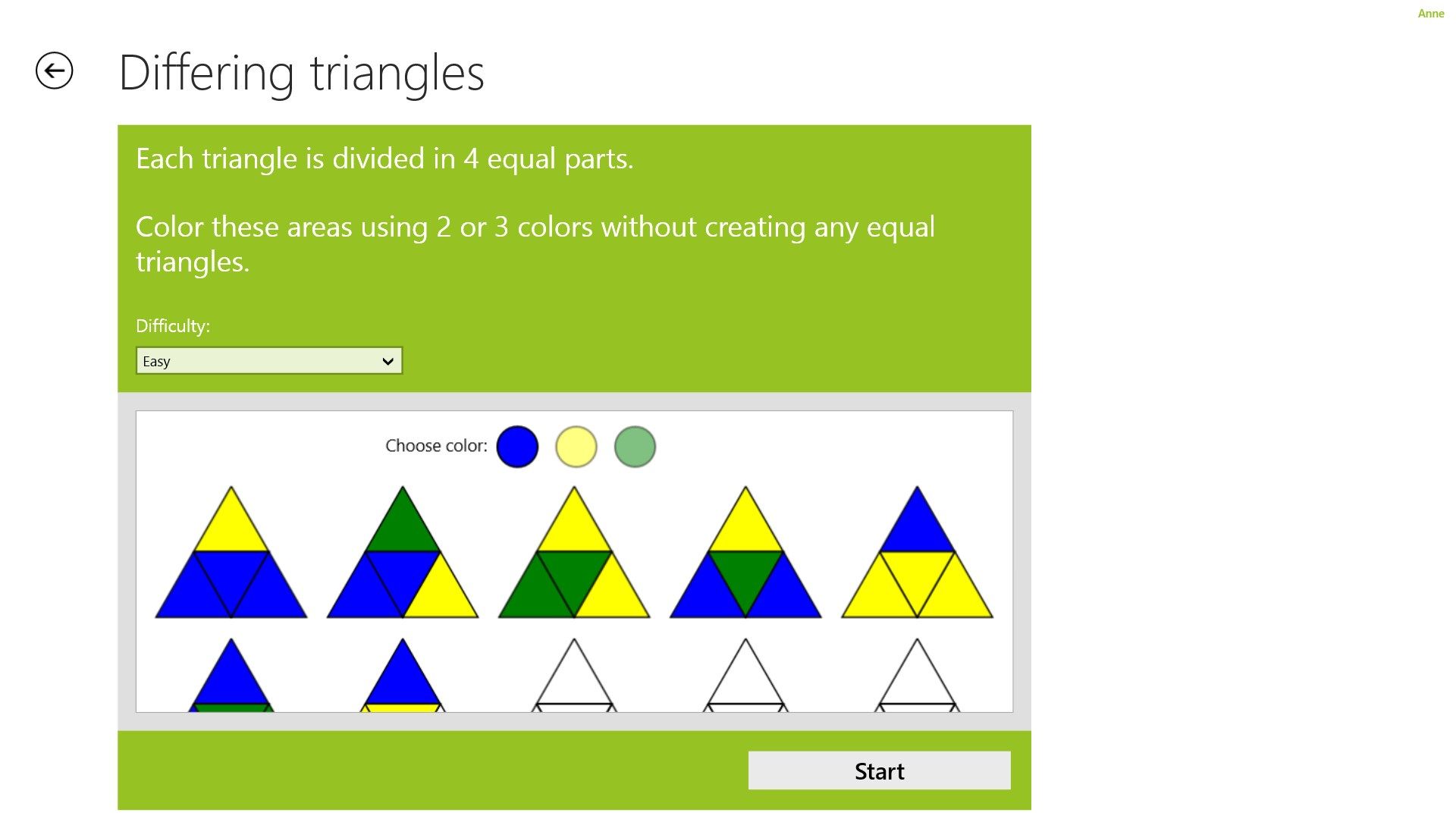 Triangles must be colored without creating any equal triangles.