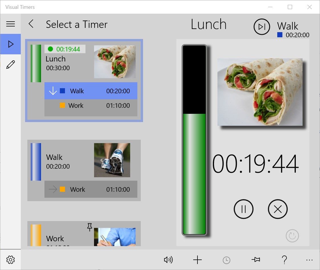 Timers can be set to run in sequence.  When the timer "Lunch " completes, the timer "Walk" will start automatically.  When the timer "Walk" completes, the timer "Work" will start automatically.