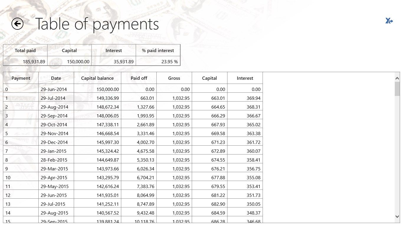 Calculates your payments (can be exported to Excel)