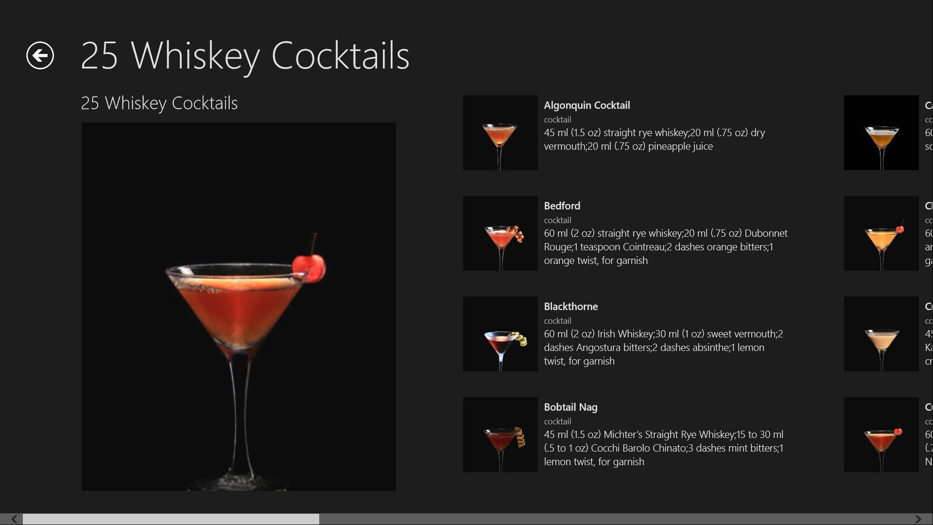 View of the whole group of cocktails with pictures and brief details