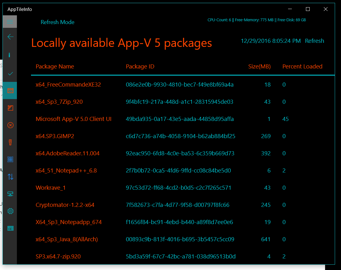 List of all locally available App-V packages.